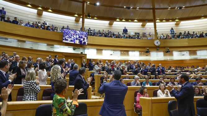 El presidente del Gobierno, Pedro Sánchez, y los diputados socialistas aplauden a la tribuna de invitados durante la sesión plenaria del Congreso.