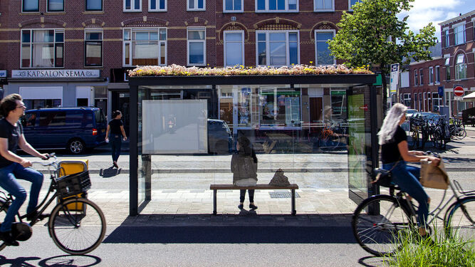 Parada de autobús con techo verde en esta imagen difundida por Ecoideas de la ciudad holandesa de Utrecht.