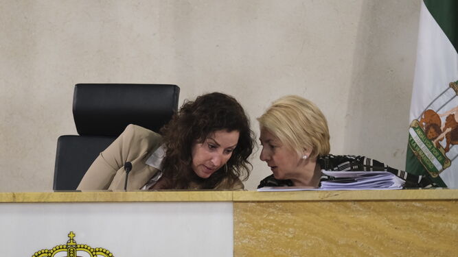 María Vázquez intercambia impresiones con Eloísa Cabrera durante el Pleno celebrado en el Ayuntamiento