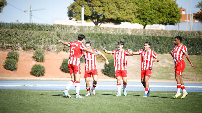 Los rojiblancos celebran un gol de Paco Sanz durante un partido de la presente temporada.